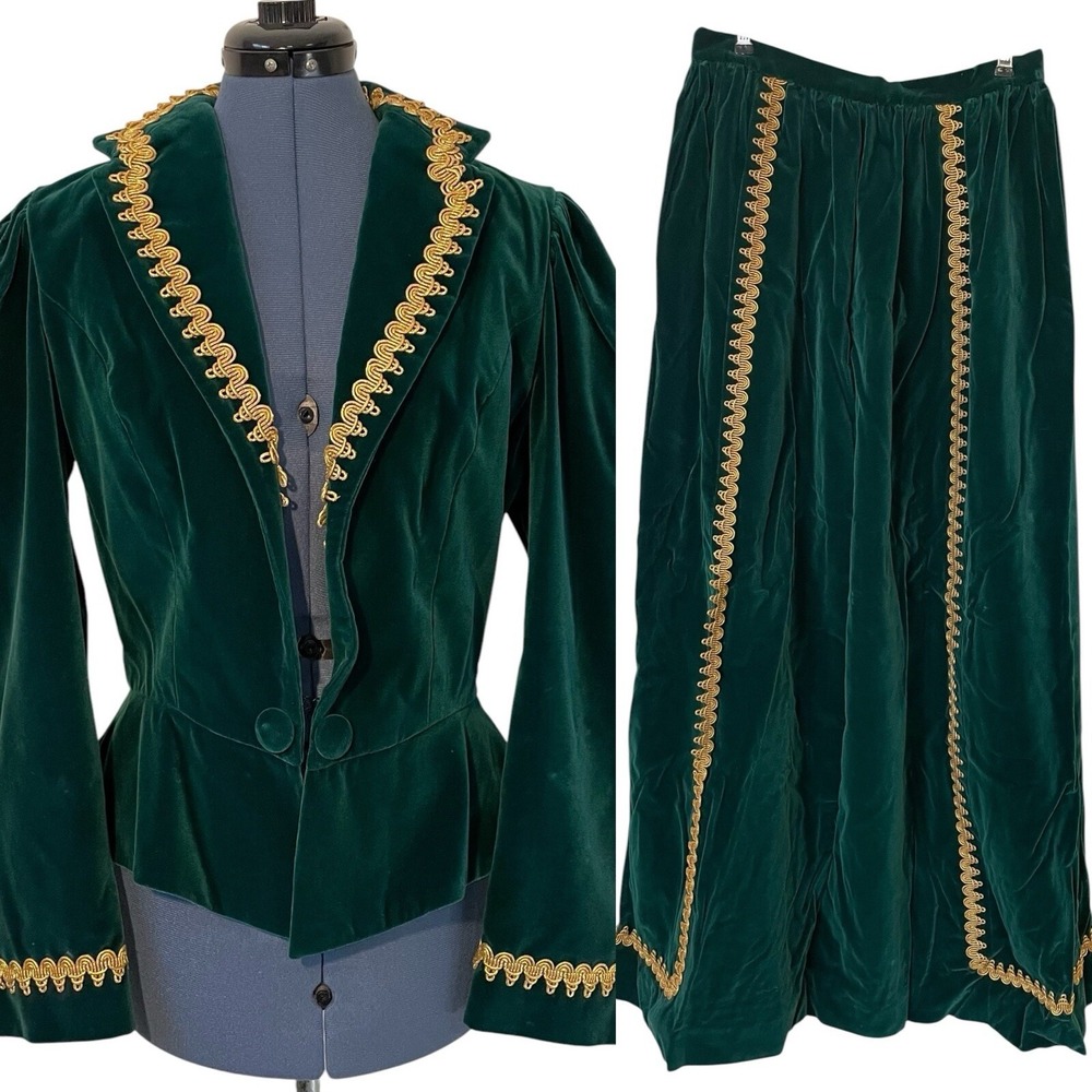 VTG Green Velvet Gold Trim Jacket Maxi Skirt Renaissance Handmade Victorian‎ S